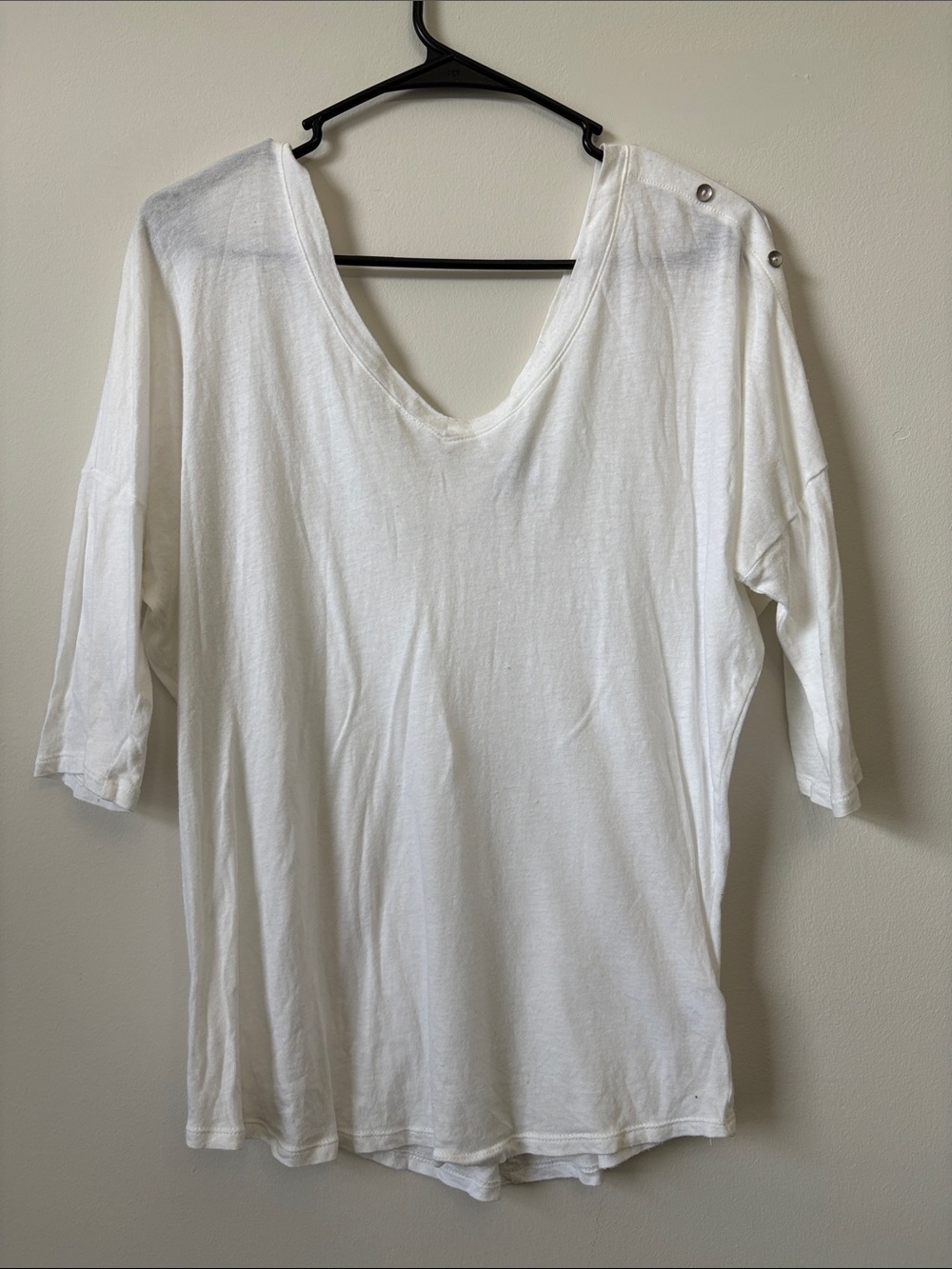 Express White Wide V-Neck Button-Accent Short Sleeve Top
